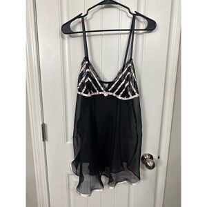 Black‎ Sheer Mesh Babydoll Chemise Pink Satin Trim Lace Bodice Bow Detail Medium